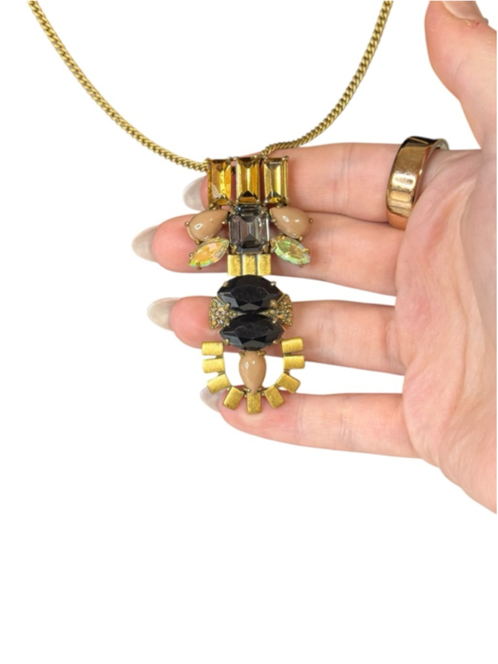 Women's J.Crew Gold Tone Black & Peach Gemstone Statement Necklace One Size - Picture 3 of 6